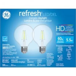 GE Refresh HD Daylight 60W Replacement LED Light Bulbs Decorative Clear Globe Medium Base G25 (2-Pack)