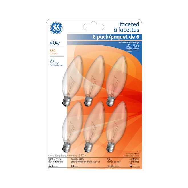 GE Soft White 40W Incandescent Faceted Decorative Clear Blunt Tip Candelabra Base BC (6-Pack) 3 GE Soft White 40W Incandescent Faceted Decorative Clear Blunt Tip Candelabra Base BC (6-Pack)
