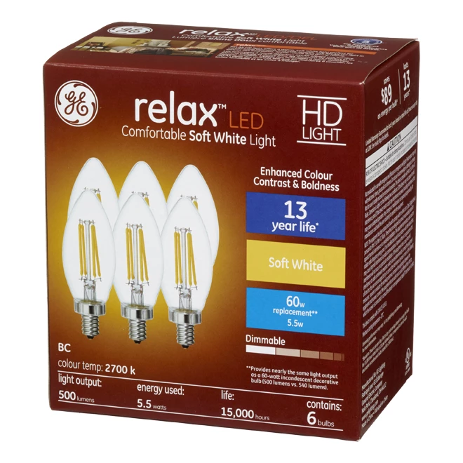 GE Relax HD Soft White 60W Replacement LED Decorative Clear Blunt Tip Candelabra Base BC Light Bulbs (6-Pack) 4 GE Relax HD Soft White 60W Replacement LED Decorative Clear Blunt Tip Candelabra Base BC Light Bulbs (6-Pack) - Image 2