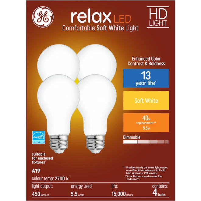 GE Relax HD Soft White 40W Replacement LED General Purpose A19 Bulb (4-Pack) 3 GE Relax HD Soft White 40W Replacement LED General Purpose A19 Bulb (4-Pack)
