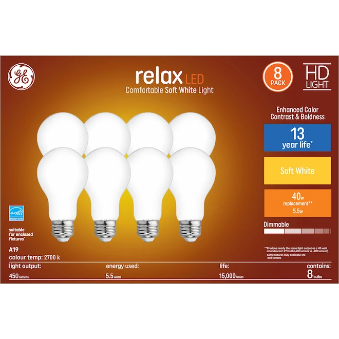 GE Relax HD Soft White 40W Replacement LED General Purpose A19 Bulbs (8-Pack) 3 GE Relax HD Soft White 40W Replacement LED General Purpose A19 Bulbs (8-Pack)