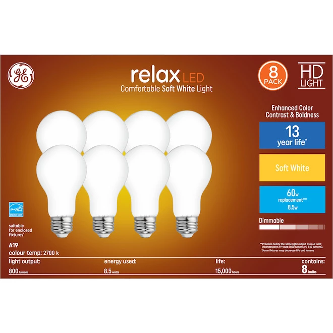 GE Relax HD Soft White 60W Replacement LED General Purpose A19 Bulb (8-Pack) 3 GE Relax HD Soft White 60W Replacement LED General Purpose A19 Bulb (8-Pack)