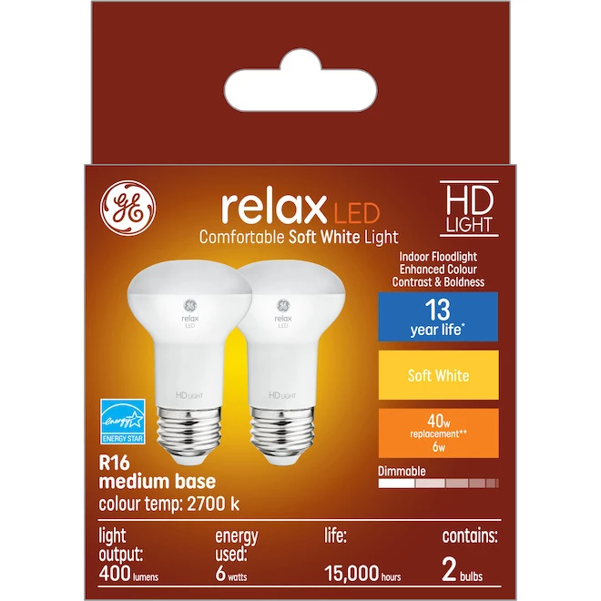 GE Relax HD Soft White 40W Replacement LED Indoor Floodlight R16 Light Bulbs (2-Pack) 3 GE Relax HD Soft White 40W Replacement LED Indoor Floodlight R16 Light Bulbs (2-Pack)