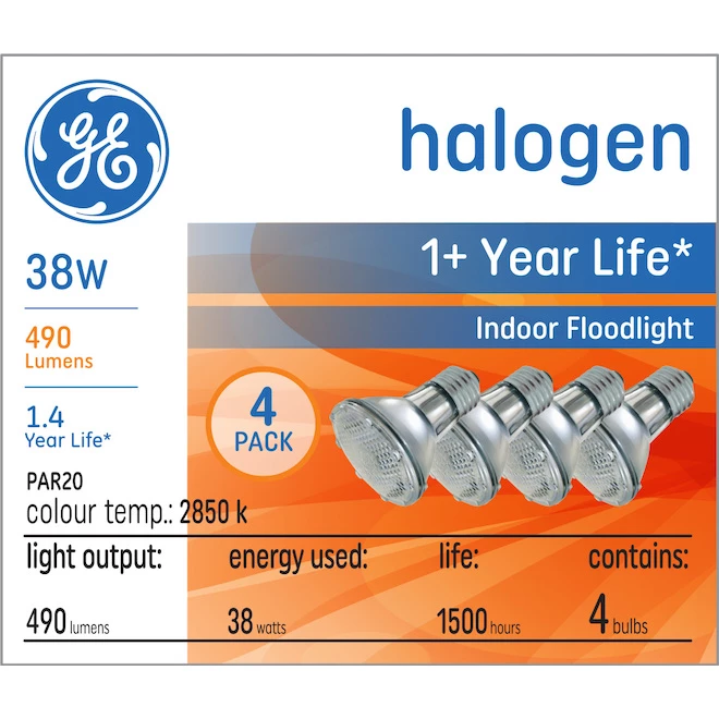 GE Soft White 38W Halogen Indoor Floodlight PAR20 Light Bulbs (4-Pack) 3 GE Soft White 38W Halogen Indoor Floodlight PAR20 Light Bulbs (4-Pack)