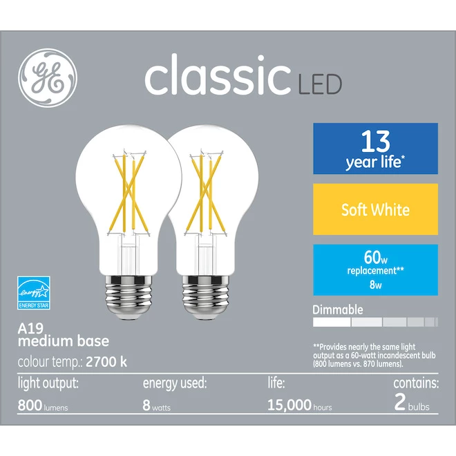 GE Classic Soft White 60 W Replacement LED Clear Indoor General Purpose A19 Light Bulbs (2-Pack) 3 GE Classic Soft White 60 W Replacement LED Clear Indoor General Purpose A19 Light Bulbs (2-Pack)