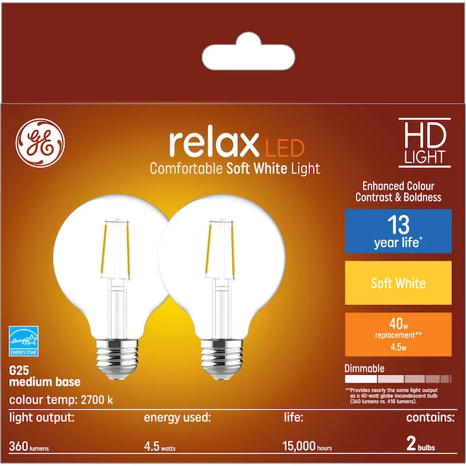 GE Relax HD Soft White 40W Replacement LED Decorative Clear Globe Medium Base G25 Light Bulbs (2-Pack) 3 GE Relax HD Soft White 40W Replacement LED Decorative Clear Globe Medium Base G25 Light Bulbs (2-Pack)