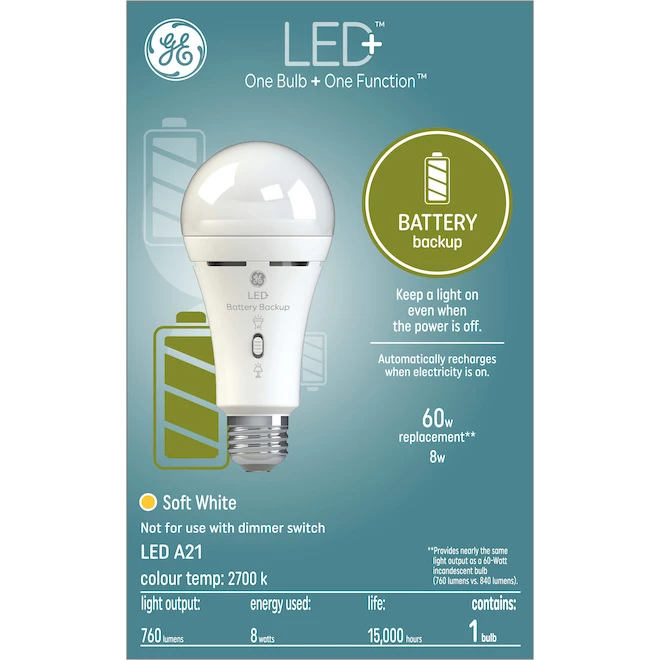GE LED+ Battery Backup Soft White 60W Replacement LED General Purpose A21 Light Bulb (1-Pack) 3 GE LED+ Battery Backup Soft White 60W Replacement LED General Purpose A21 Light Bulb (1-Pack)