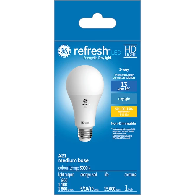 GE Refresh HD Daylight 50-100-150W Replacement LED 3-Way A21 Light Bulb (1-Pack) 3 GE Refresh HD Daylight 50-100-150W Replacement LED 3-Way A21 Light Bulb (1-Pack)