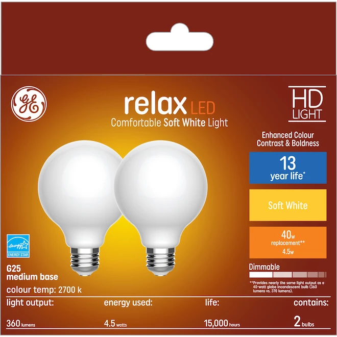 GE Relax HD Soft White 40W Replacement LED Decorative Globe White Medium Base G25 Light Bulbs (2-Pack) 3 GE Relax HD Soft White 40W Replacement LED Decorative Globe White Medium Base G25 Light Bulbs (2-Pack)
