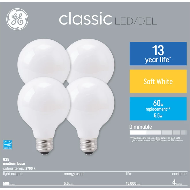 GE Soft White 60W Replacement LED Decorative Globe Medium Base White G25 Light Bulbs (4-Pack) 3 GE Soft White 60W Replacement LED Decorative Globe Medium Base White G25 Light Bulbs (4-Pack)