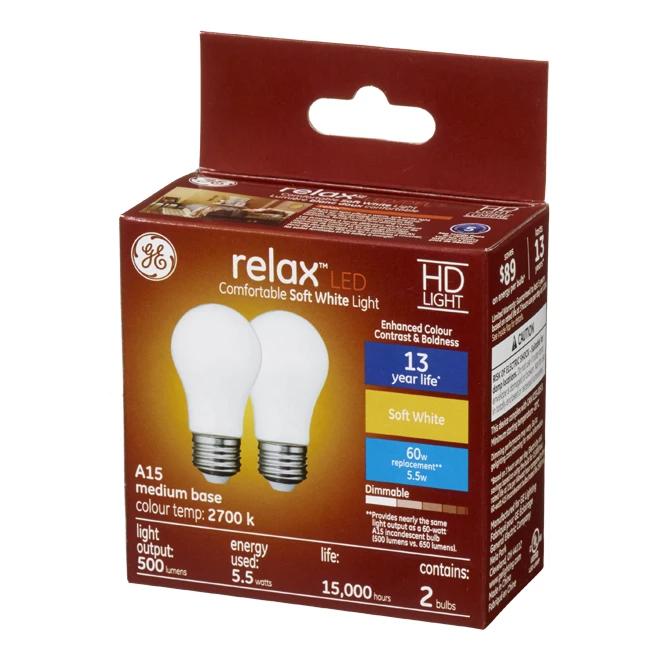 GE Relax HD Soft White 60W Replacement LED Ceiling Fan Medium Base White A15 Light Bulbs (2-Pack) 4 GE Relax HD Soft White 60W Replacement LED Ceiling Fan Medium Base White A15 Light Bulbs (2-Pack) - Image 2