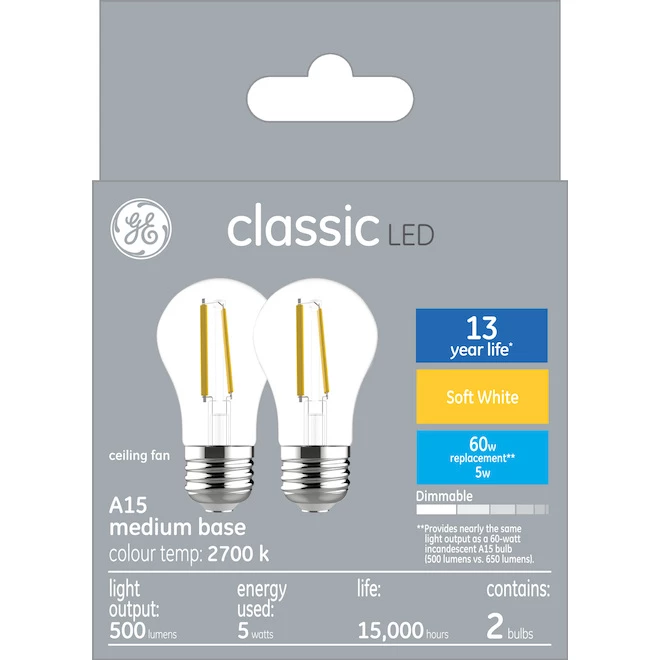 GE Classic Soft White 60 W Replacement LED Clear Ceiling Fan Medium Base A15 Light Bulbs (2-Pack) 3 GE Classic Soft White 60 W Replacement LED Clear Ceiling Fan Medium Base A15 Light Bulbs (2-Pack)