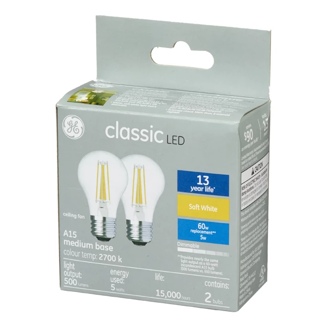 GE Classic Soft White 60 W Replacement LED Clear Ceiling Fan Medium Base A15 Light Bulbs (2-Pack) 4 GE Classic Soft White 60 W Replacement LED Clear Ceiling Fan Medium Base A15 Light Bulbs (2-Pack) - Image 2