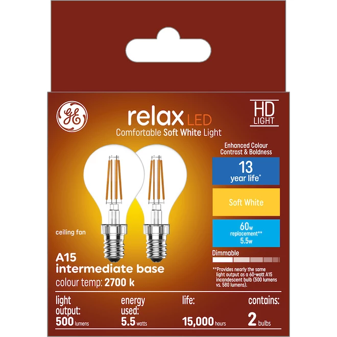 GE Relax HD Soft White 60W Replacement LED Clear Ceiling Fan Intermediate Base A15 Light Bulbs (2-Pack) 3 GE Relax HD Soft White 60W Replacement LED Clear Ceiling Fan Intermediate Base A15 Light Bulbs (2-Pack)