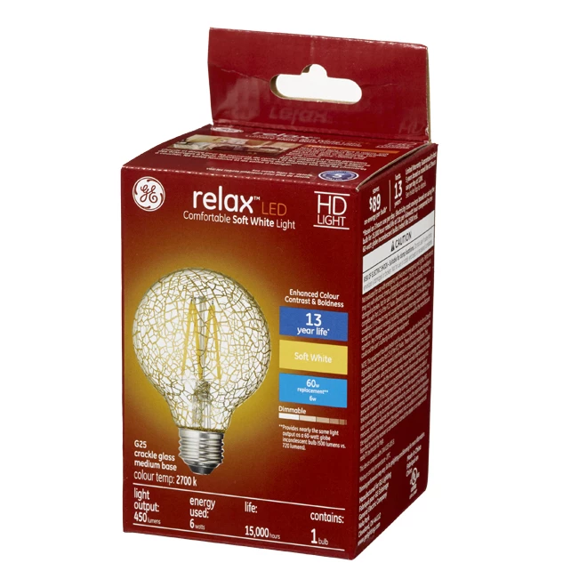 GE Relax HD Soft White 60W Replacement LED Decorative Crackle Glass Globe Medium Base G25 Light Bulbs (1-Pack) 4 GE Relax HD Soft White 60W Replacement LED Decorative Crackle Glass Globe Medium Base G25 Light Bulbs (1-Pack) - Image 2