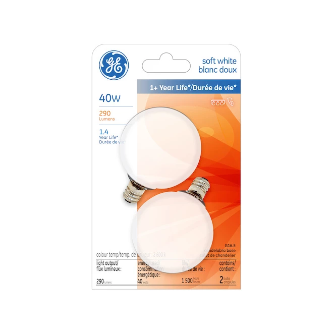 GE Soft White 40W Incandescent Decorative Candelabra Base G16.5 Light Bulb (2-Pack) 3 GE Soft White 40W Incandescent Decorative Candelabra Base G16.5 Light Bulb (2-Pack)