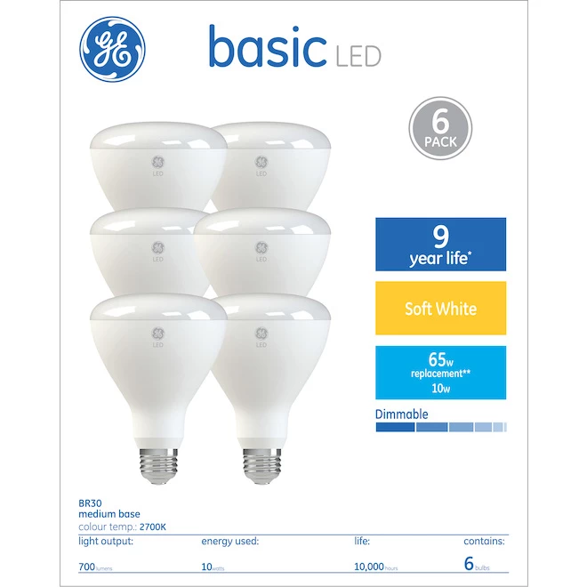 GE Soft White 65W Replacement Basic LED Indoor Floodlight BR30 Light Bulbs (6-Pack) 3 GE Soft White 65W Replacement Basic LED Indoor Floodlight BR30 Light Bulbs (6-Pack)