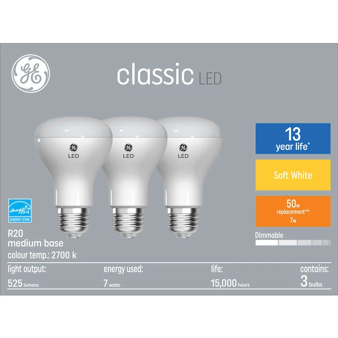 GE Soft White 50W Replacement LED Indoor Floodlight R20 Light Bulbs (3-Pack) 3 GE Soft White 50W Replacement LED Indoor Floodlight R20 Light Bulbs (3-Pack)