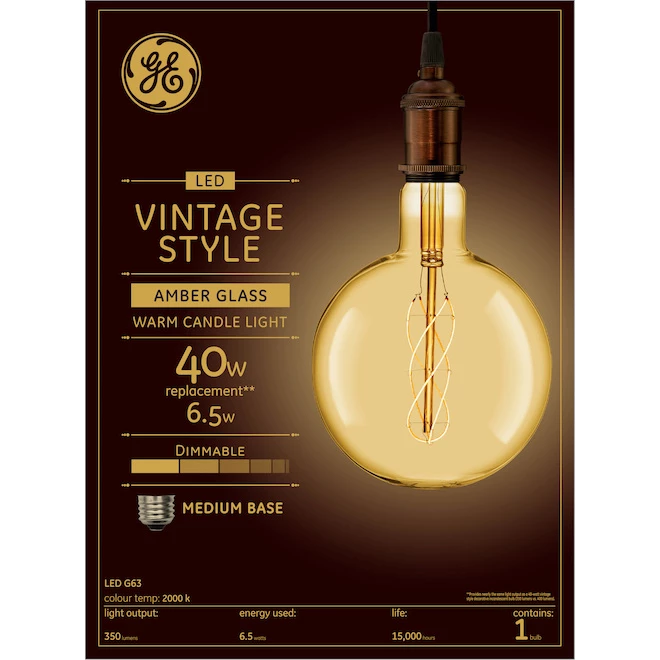 GE Large Vintage Warm Candle Light 40W Replacement LED Amber Finish Spiral Weave Filament G63 Globe Light Bulb (1-Pack) 3 GE Large Vintage Warm Candle Light 40W Replacement LED Amber Finish Spiral Weave Filament G63 Globe Light Bulb (1-Pack)