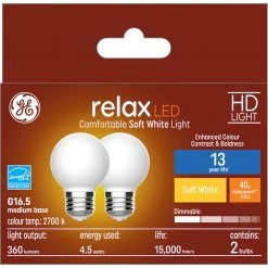 GE Relax HD Soft White 40W Replacement LED Decorative Globe White Medium Base G16.5 Light Bulbs (2-Pack)