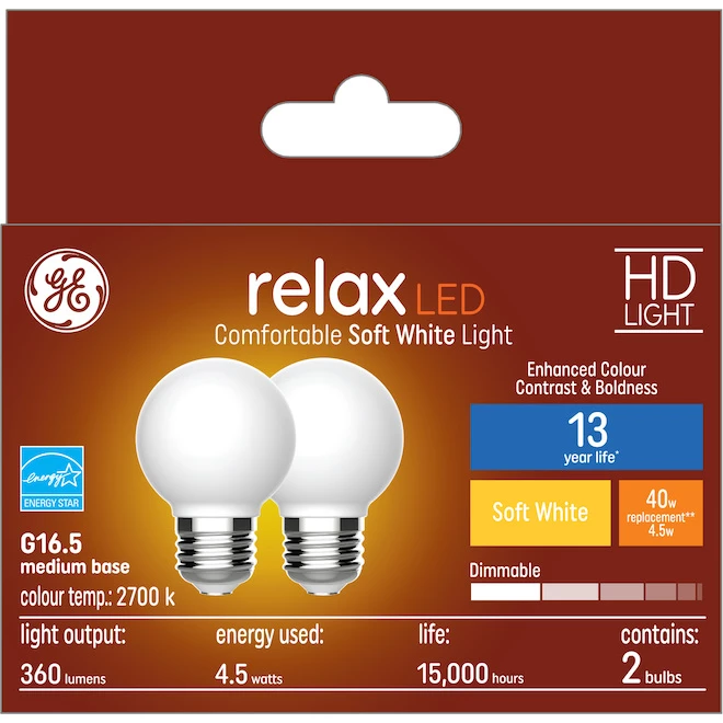 GE Relax HD Soft White 40W Replacement LED Decorative Globe White Medium Base G16.5 Light Bulbs (2-Pack) 3 GE Relax HD Soft White 40W Replacement LED Decorative Globe White Medium Base G16.5 Light Bulbs (2-Pack)