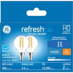 GE Refresh HD Daylight 40W Replacement LED Decorative Clear Globe Candelabra Base G16.5 Light Bulbs (2-Pack)