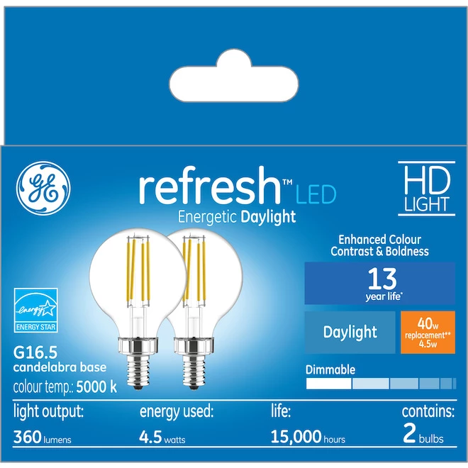 GE Refresh HD Daylight 40W Replacement LED Decorative Clear Globe Candelabra Base G16.5 Light Bulbs (2-Pack) 3 GE Refresh HD Daylight 40W Replacement LED Decorative Clear Globe Candelabra Base G16.5 Light Bulbs (2-Pack)