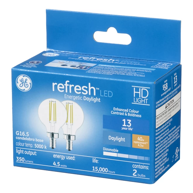GE Refresh HD Daylight 40W Replacement LED Decorative Clear Globe Candelabra Base G16.5 Light Bulbs (2-Pack) 4 GE Refresh HD Daylight 40W Replacement LED Decorative Clear Globe Candelabra Base G16.5 Light Bulbs (2-Pack) - Image 2