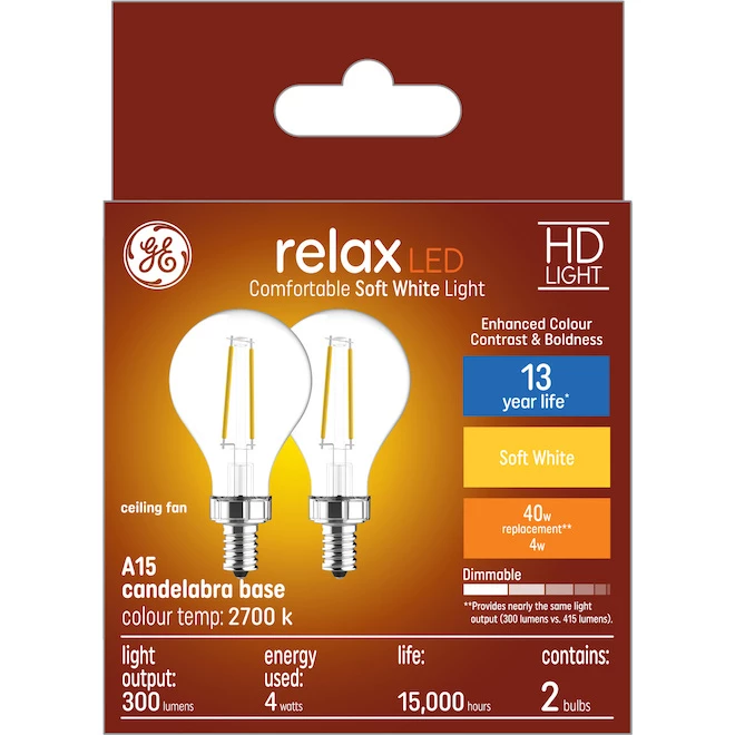 GE Relax HD Soft White 40W Replacement LED Clear Ceiling Fan Candelabra Base A15 Light Bulbs (2-Pack) 3 GE Relax HD Soft White 40W Replacement LED Clear Ceiling Fan Candelabra Base A15 Light Bulbs (2-Pack)