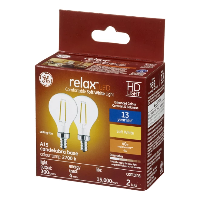 GE Relax HD Soft White 40W Replacement LED Clear Ceiling Fan Candelabra Base A15 Light Bulbs (2-Pack) 4 GE Relax HD Soft White 40W Replacement LED Clear Ceiling Fan Candelabra Base A15 Light Bulbs (2-Pack) - Image 2