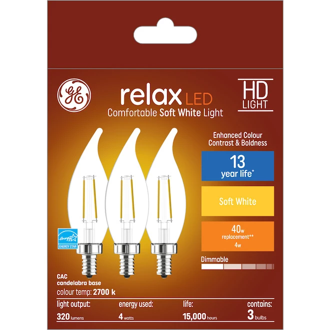GE Relax HD Soft White 40W Replacement LED Decorative Clear Bent Tip Candelabra Base CAC Light Bulbs (3-Pack) 3 GE Relax HD Soft White 40W Replacement LED Decorative Clear Bent Tip Candelabra Base CAC Light Bulbs (3-Pack)