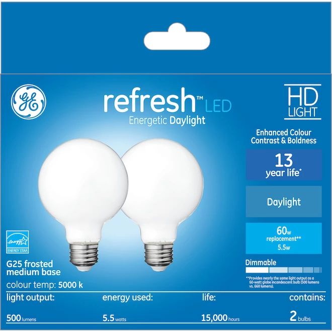 GE Refresh HD Daylight 60W Replacement LED Decorative Globe White Medium Base G25 Light Bulbs (2-Pack) 3 GE Refresh HD Daylight 60W Replacement LED Decorative Globe White Medium Base G25 Light Bulbs (2-Pack)