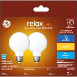GE Relax HD Soft White 40W Replacement LED Frosted Decorative Globe Medium Base G25 Light Bulbs (2-Pack)