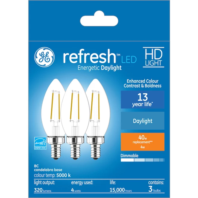 GE Refresh HD Daylight 40W Replacement LED Decorative Clear Blunt Tip Candelabra Base BC Light Bulbs (3-Pack) 3 GE Refresh HD Daylight 40W Replacement LED Decorative Clear Blunt Tip Candelabra Base BC Light Bulbs (3-Pack)