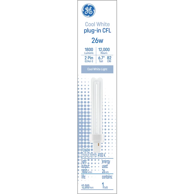GE Cool White 26 W Plug-in CFL G24d-3 Base 6.7-in F26DX Light Bulb (1-Pack) 3 GE Cool White 26 W Plug-in CFL G24d-3 Base 6.7-in F26DX Light Bulb (1-Pack)