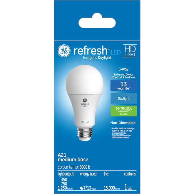 GE Refresh HD Daylight 30-70-100W 3-way Replacement LED Light Bulbs White General Purpose A21 (1-Pack) 3 GE Refresh HD Daylight 30-70-100W 3-way Replacement LED Light Bulbs White General Purpose A21 (1-Pack)
