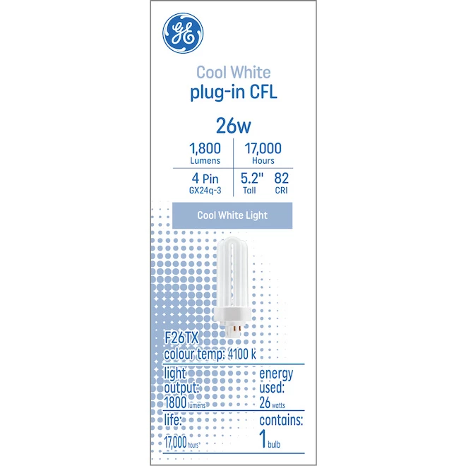 GE Cool White 26 W Plug-in CFL GX24q-3 Base 5.2-in F26TX Light Bulb (1-Pack) 3 GE Cool White 26 W Plug-in CFL GX24q-3 Base 5.2-in F26TX Light Bulb (1-Pack)