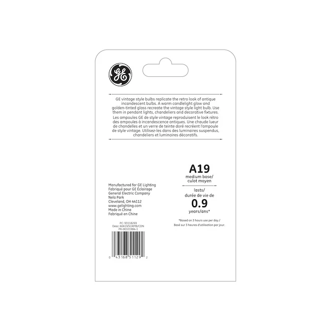 GE Vintage 60W Incandescent Dimmable A19 Light Bulb (1-Pack) 5 GE Vintage 60W Incandescent Dimmable A19 Light Bulb (1-Pack) - Image 3