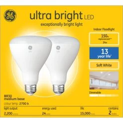 GE Ultra Bright Soft White 150W Replacement LED Indoor General Purpose BR30 Light Bulbs (2-Pack)
