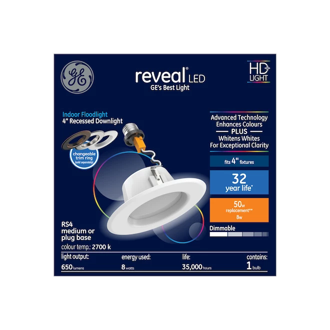 GE Reveal HD+ Colour-Enhancing 50W Replacement 4-in Recessed Can Indoor Floodlight RS4 (1-Pack) 3 GE Reveal HD+ Colour-Enhancing 50W Replacement 4-in Recessed Can Indoor Floodlight RS4 (1-Pack)