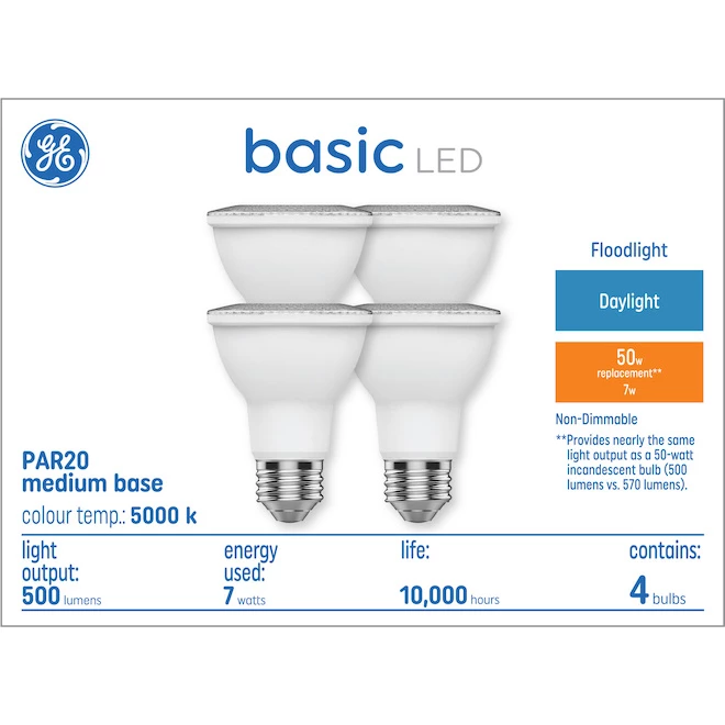 GE Basic Daylight 50 W Replacement LED Floodlight PAR20 Light Bulbs (4-Pack) 3 GE Basic Daylight 50 W Replacement LED Floodlight PAR20 Light Bulbs (4-Pack)