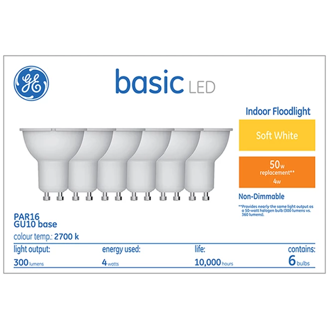 GE Basic Soft White 50 W Replacement LED Indoor Floodlight GU10 PAR16 Light Bulbs (6-Pack) 4 GE Basic Soft White 50 W Replacement LED Indoor Floodlight GU10 PAR16 Light Bulbs (6-Pack) - Image 2