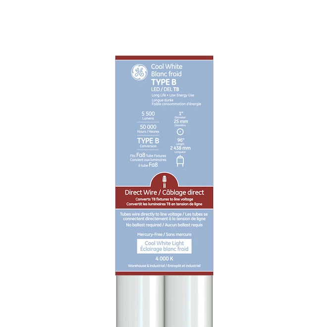 GE Cool White 59 W Replacement LED Direct Wire Fa8 Base 96-in T8 Light Bulbs (2-Pack) 3 GE Cool White 59 W Replacement LED Direct Wire Fa8 Base 96-in T8 Light Bulbs (2-Pack)