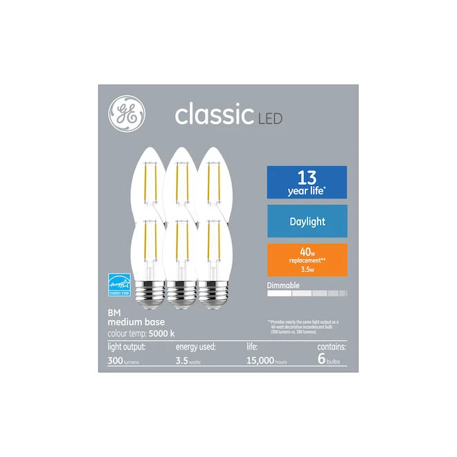 GE Daylight 40W Replacement LED Clear Decorative Medium Base BM Light Bulbs (6-Pack) 3 GE Daylight 40W Replacement LED Clear Decorative Medium Base BM Light Bulbs (6-Pack)