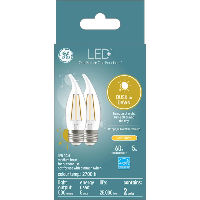 GE LED+ Dusk to Dawn Soft White 60W Replacement LED Clear Decorative Medium Base CAM Light Bulbs (2-Pack) 3 GE LED+ Dusk to Dawn Soft White 60W Replacement LED Clear Decorative Medium Base CAM Light Bulbs (2-Pack)
