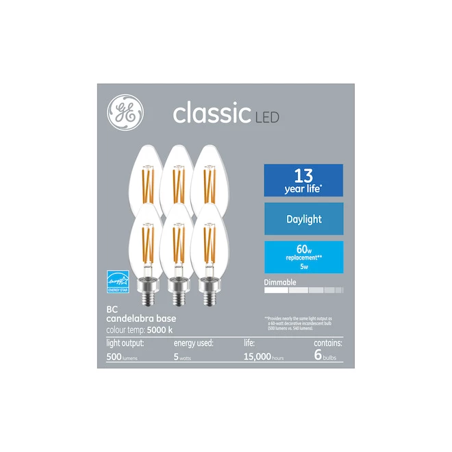 GE Classic Daylight 60W Replacement LED Clear Decorative Candelabra Base Blunt Tip BC Bulbs (6-Pack) 3 GE Classic Daylight 60W Replacement LED Clear Decorative Candelabra Base Blunt Tip BC Bulbs (6-Pack)