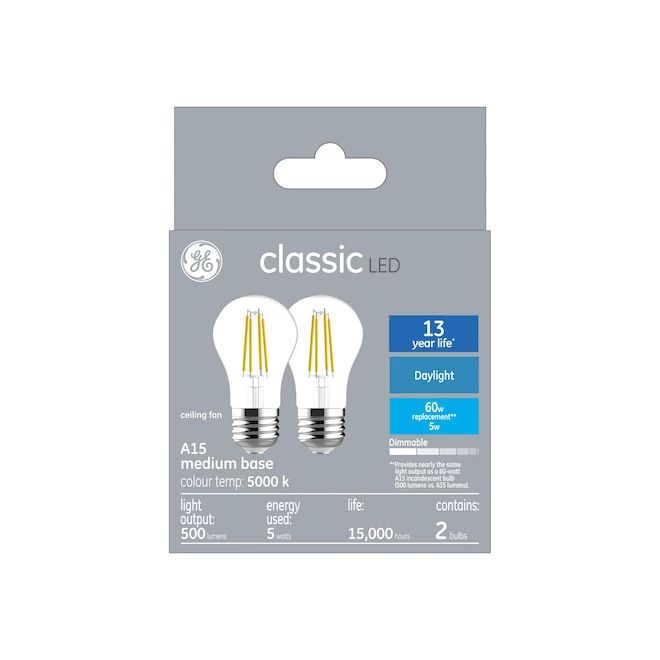 GE Classic Daylight 60 W Replacement LED Clear Ceiling Fan Medium Base A15 Light Bulbs (2-Pack) 3 GE Classic Daylight 60 W Replacement LED Clear Ceiling Fan Medium Base A15 Light Bulbs (2-Pack)