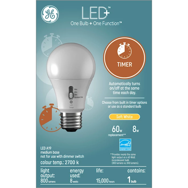 GE LED+ Timer Soft White 60W Replacement LED General Purpose A19 Light Bulb (1-Pack) 3 GE LED+ Timer Soft White 60W Replacement LED General Purpose A19 Light Bulb (1-Pack)