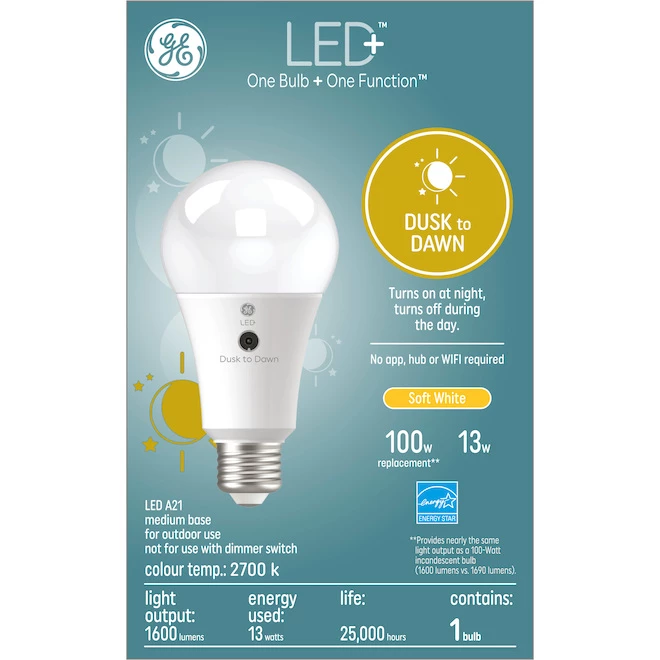 GE LED+ Dusk to Dawn Soft White 100W Replacement LED General Purpose A21 Light Bulb (1-Pack) 3 GE LED+ Dusk to Dawn Soft White 100W Replacement LED General Purpose A21 Light Bulb (1-Pack)