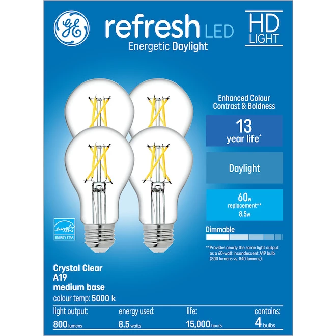 GE Refresh HD Daylight 60W Replacement LED Crystal Clear General Purpose A19 Light Bulbs (4-Pack) 3 GE Refresh HD Daylight 60W Replacement LED Crystal Clear General Purpose A19 Light Bulbs (4-Pack)